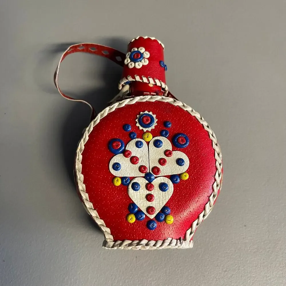 Vintage Genuine Leather Handmade Tribal Red Covered Glass Bottle Canteen Flask